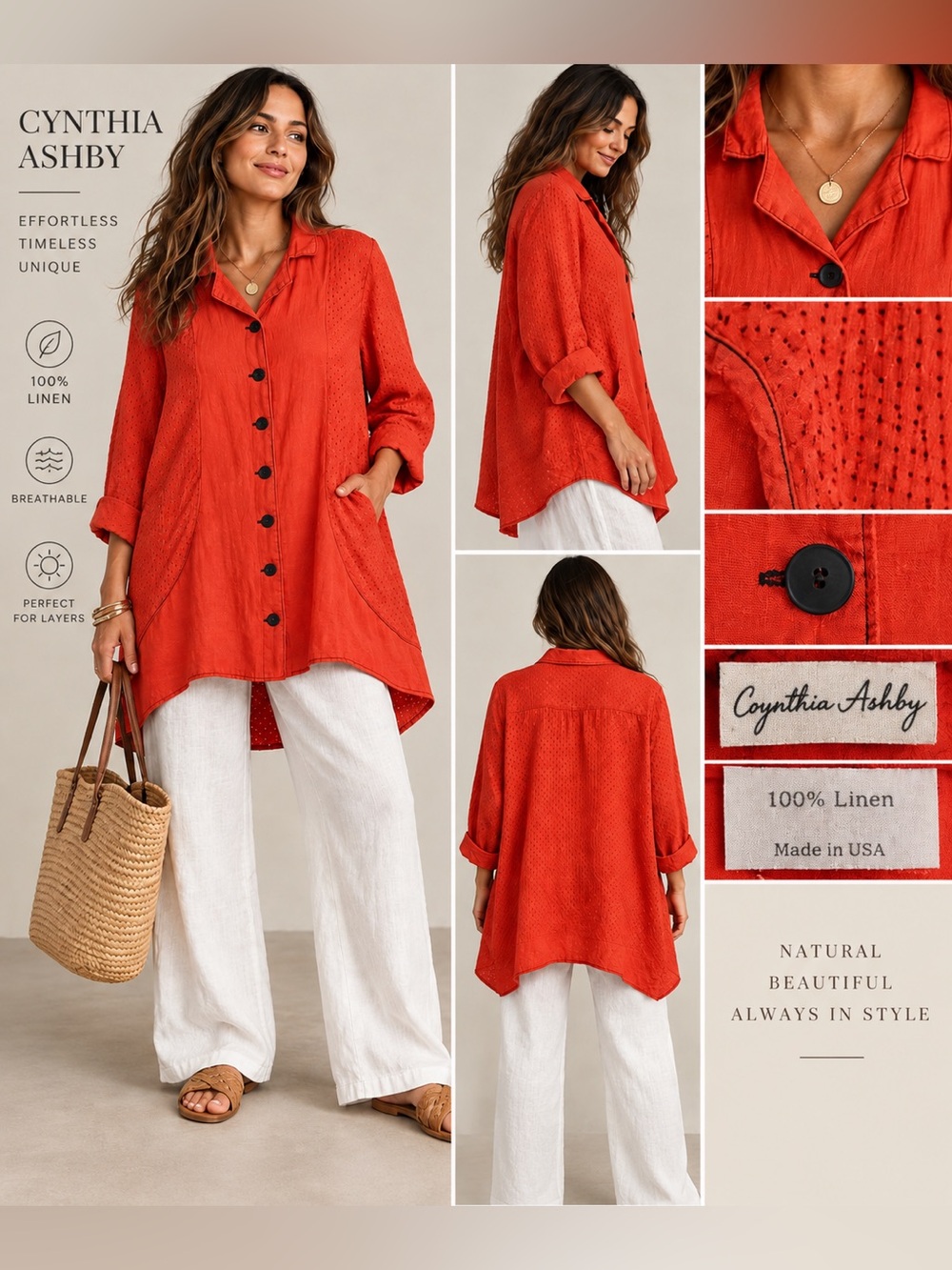Cynthia Ashby 100% Linen Red Lagenlook Eyelet Tunic Jacket Made USA